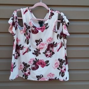Rue + Pink Roses Cold Shoulder Cream Top